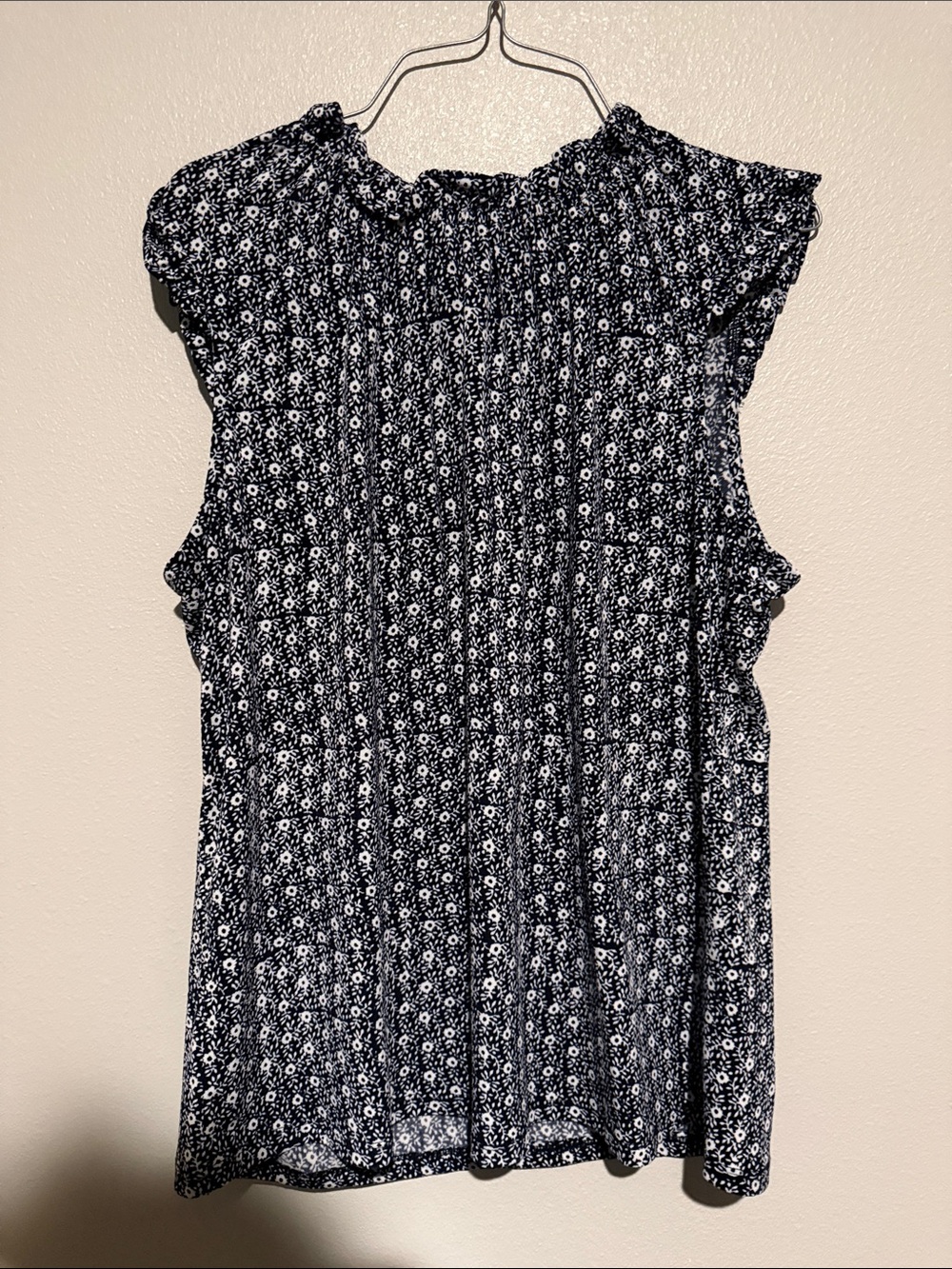 Adrianna Papell Navy and White Smocked Neck Floral Shell